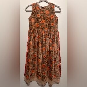 April Cornell Girls Size 9/10 Velvet Peach Cocoa Floral Dress Jumper Ribbon Sash